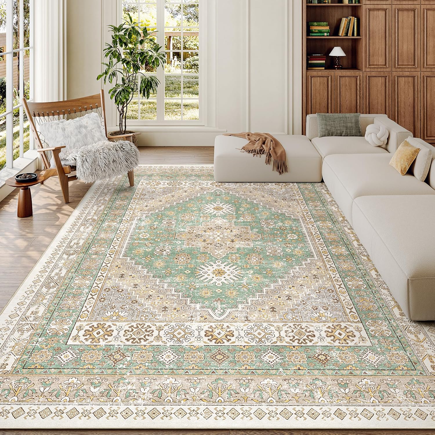 zesthome 9x12 Area Rugs for Girls Bedroom, Low Pile Machine Washable Rugs, Vintage Large Pink Rugs, Stain Resistant Nursery Room Rug, Baby Crawling Rug (Pink/Blue,9'x12')